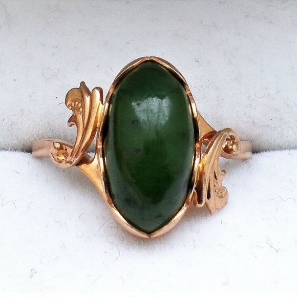 Vintage Russian Russia 14K 583 Rose Pink Gold Green Nephrite Jade Bypass Ring - Picture 1 of 9